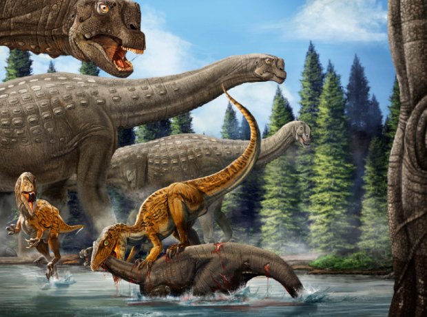 Three young dinosaurs run from a large herbivore in a forest