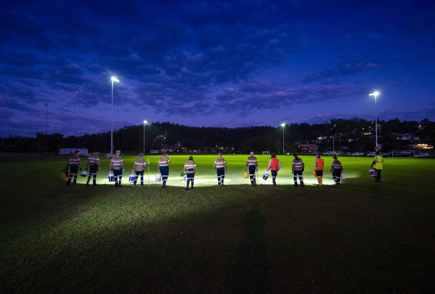 A group of people in high-vis clothes on an oval looking for cane toads.