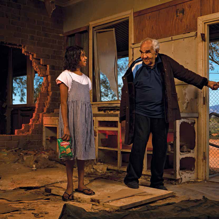 In the ruins of the Umeewarra Mission, Lavene’s father, Donald McKenzie, and niece Lachelle Allen re-enact a memory of her grandfather for the Two Ways/A Dualistic System photographic series. The hole in the wall represents the destruction of family, language and culture.