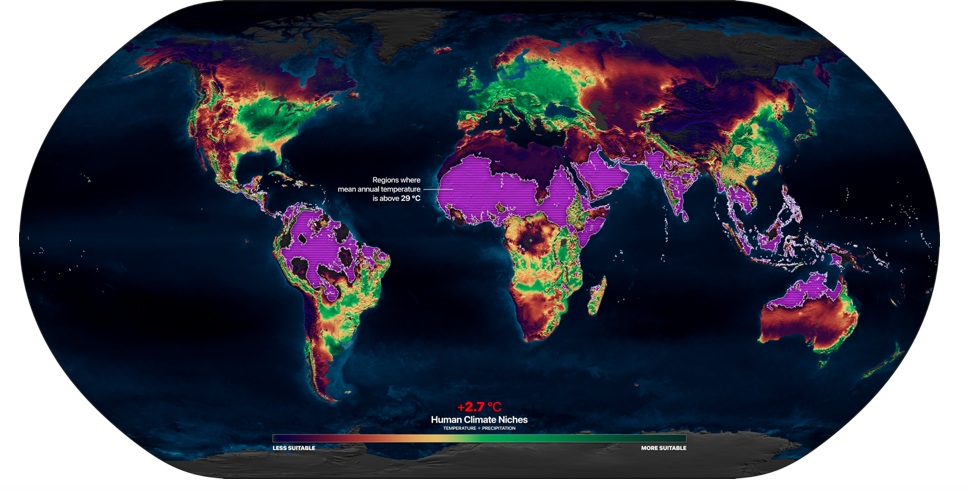 A map showing the world with exposure to extreme average heat in a 2.7°C warmer world