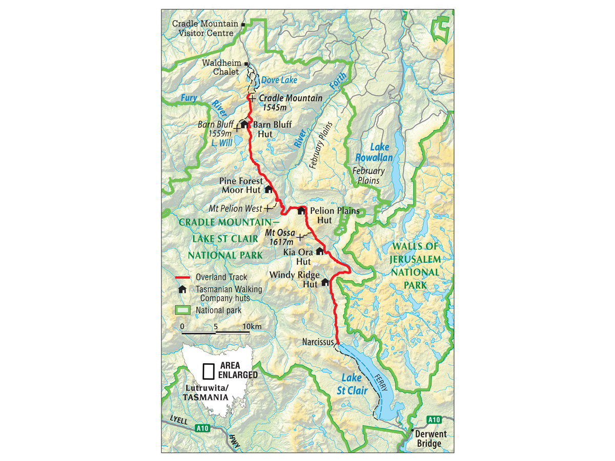 A map showing the Overland Track in Tasmania.