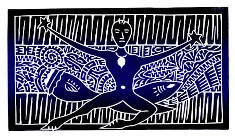 Detailed artwork of a man against a complex patterned background.