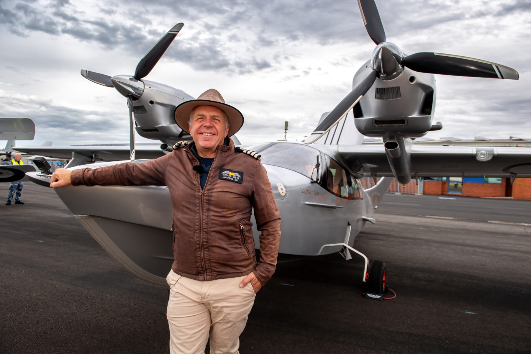 Michael Smith, 2016 Adventurer of the Year, poses in front of his plane before he sets off to recreate the first circumnavigation by air of Australia from RAAF Base Point Cook in 1924 in a twin engine modern Chaika LLC L65 Seabear aircraft named Southern Sun. *** Local Caption *** Adventurer, Michael Smith is flying solo around the Australian coastline to
commemorate the 100th anniversary of the first flight around Australia by Air Forces acting Chief of the Air Staff, Wing Commander S.J. (Jimmy) Goble, and pilot, Flying Officer Ivor McIntyre in the original Fairey IIID seaplane A10-3. Starting from the Royal Australian Air Force (RAAF) base
in Point Cook, outside Melbourne in his seaplane SouthernSun twin engine Chaika LLC L65 Seabear.