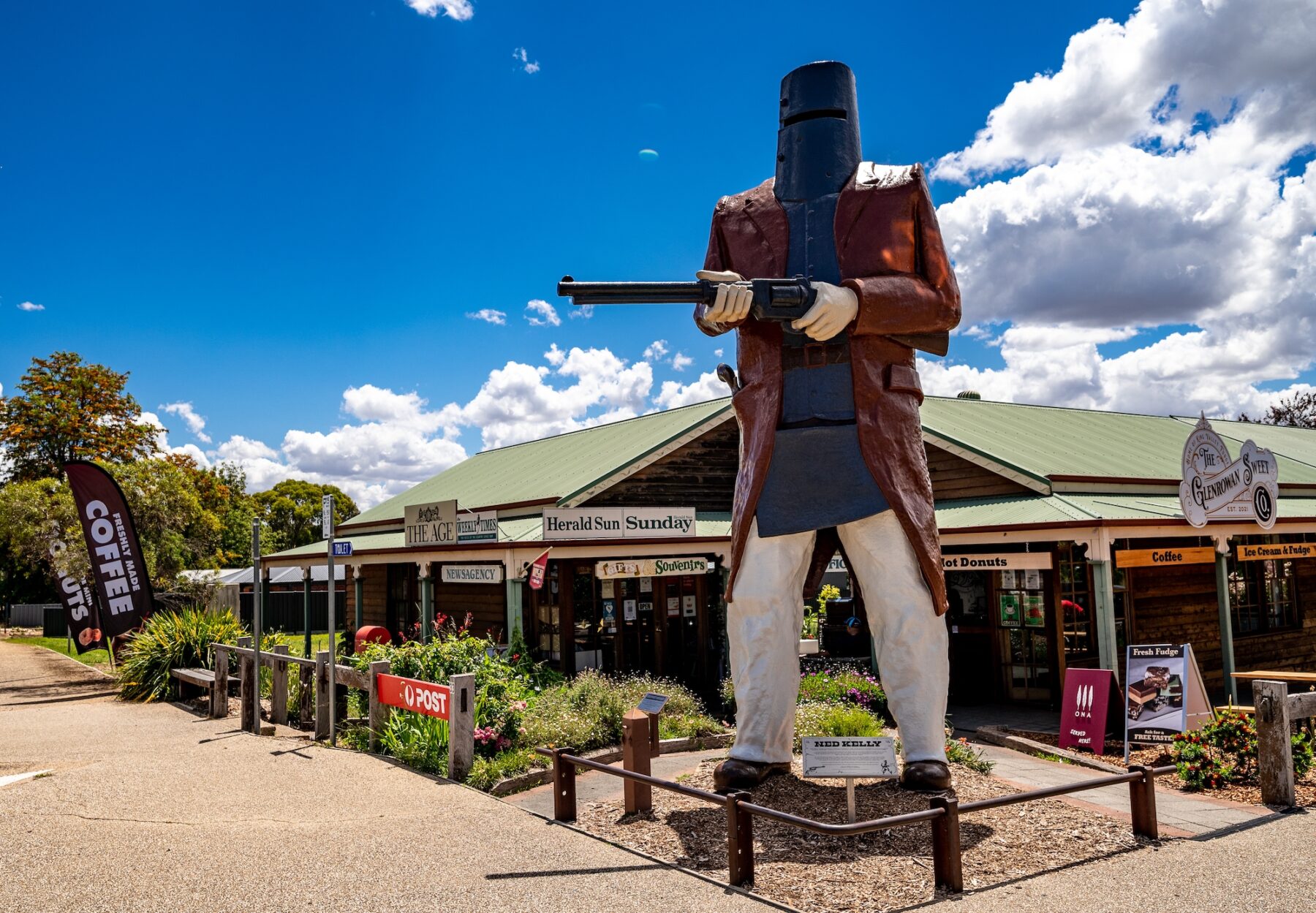 The 6m statue of Australian bushranger Ned Kelly stands guard on the main street of Glenrowan, Victoria,