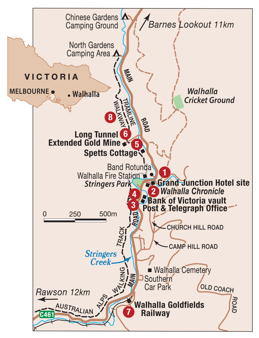 A map showing interesting locations in Walhalla