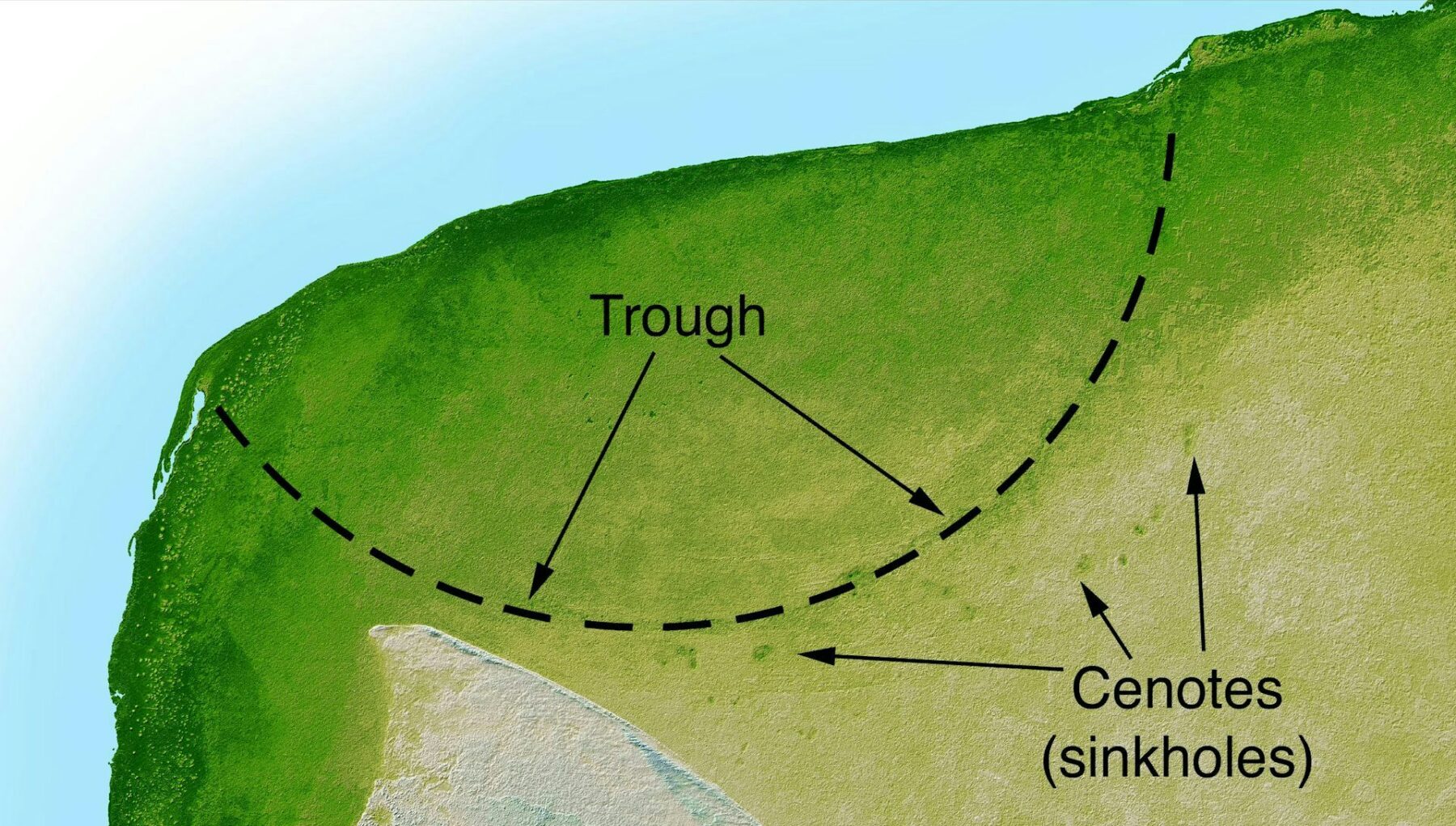 The subtle impression of the Chicxulub impact crater is still visible on the Yucatán peninsula in Mexico today
