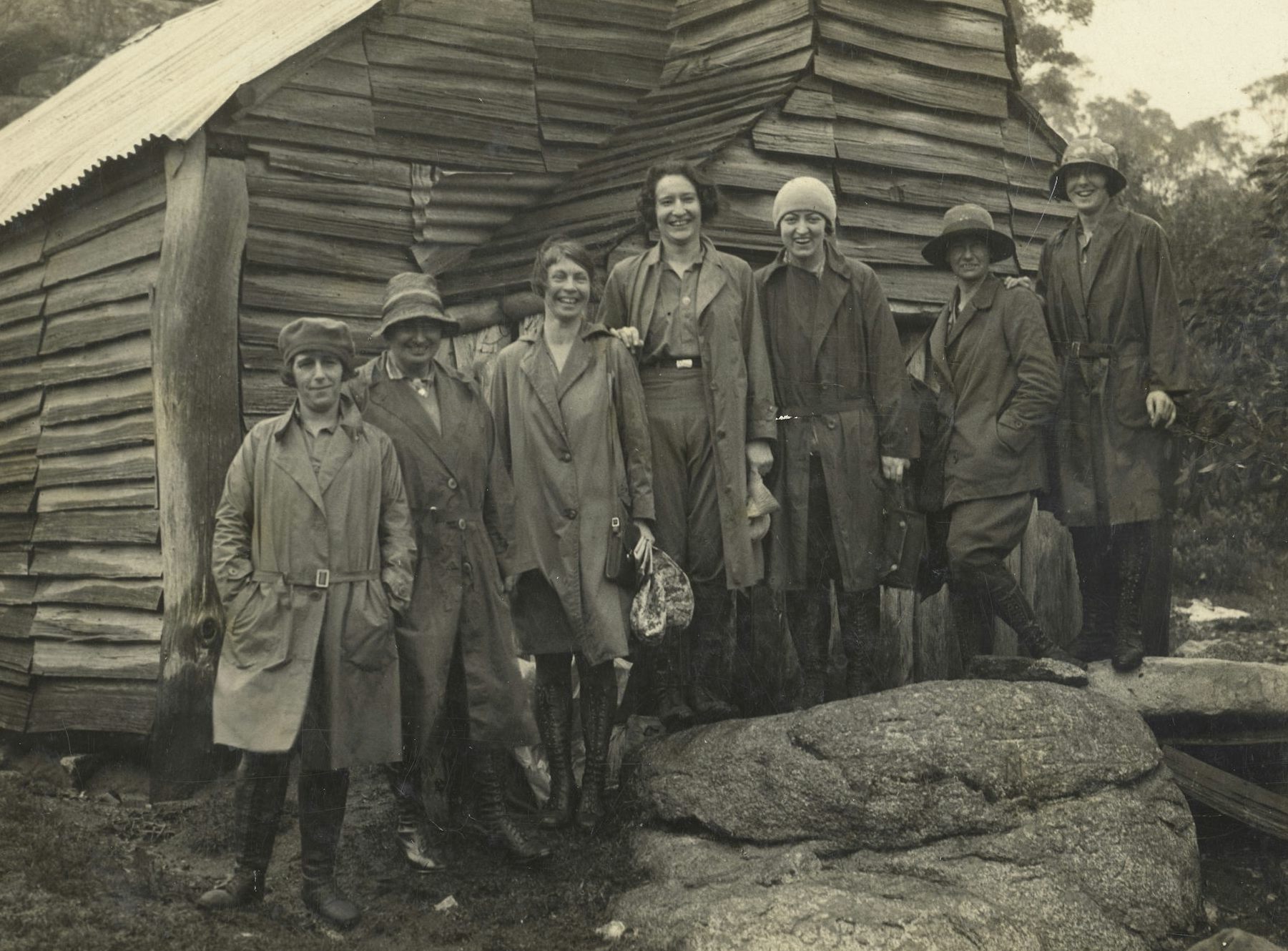 Gladys Knight, Shadder (Annie) Creaton, Merle Griffin, Alma Broad (née Meddows), Pat Patterson (the group leader), Gretchen Fordyce and Molly Hill at Tawonga Hut on Christmas Day in 1928