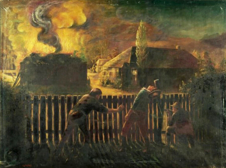 An artwork depicting the Goimbla Homestead raid