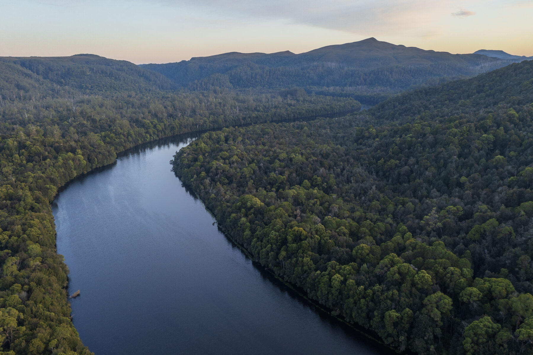 An aerial view of the Pieman River flowing through Takayna/Tarkine