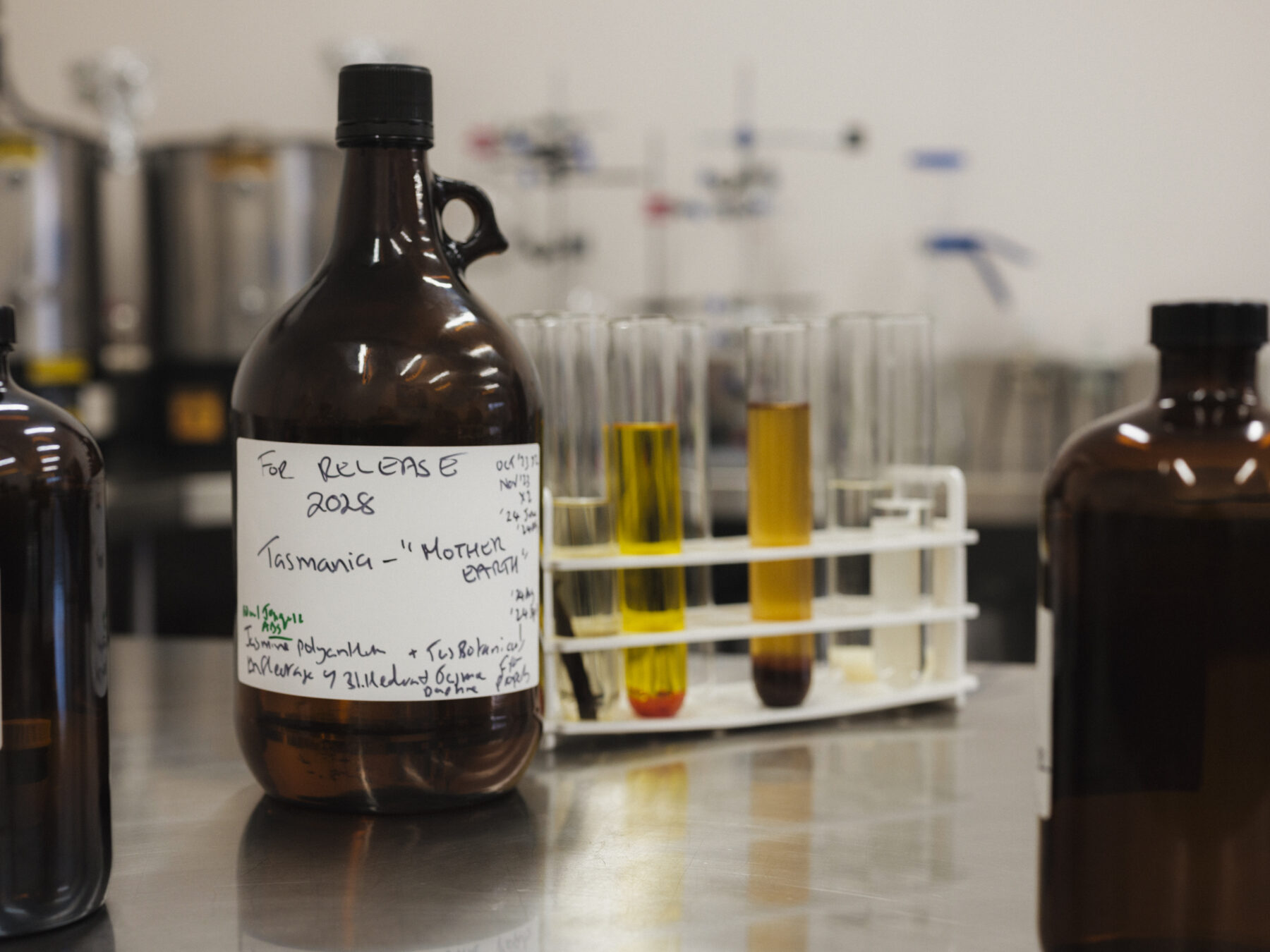 A bottle containing the beginings of Maryka's new 'Tasmanian Scent' to be released in 2028