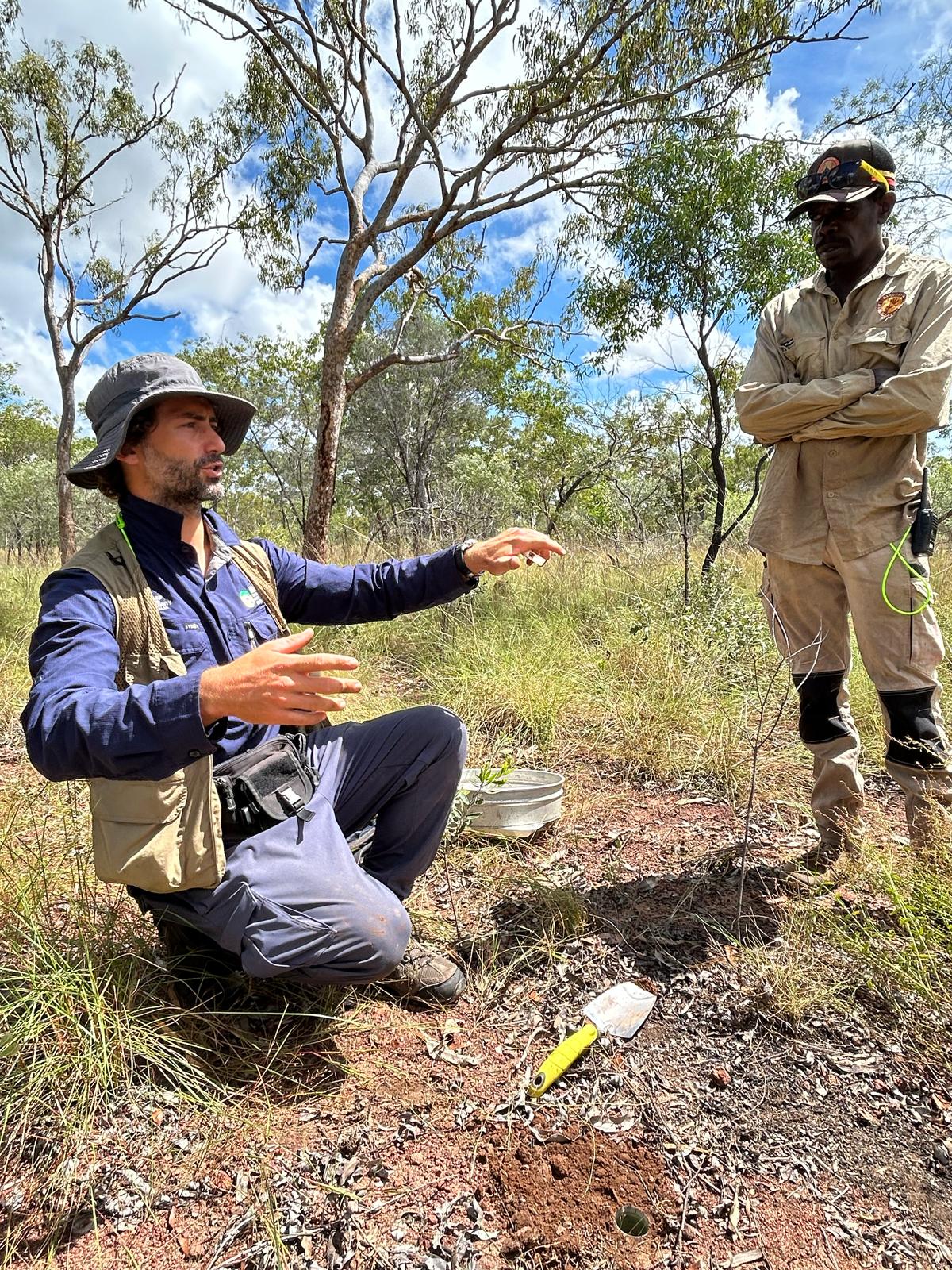 Myrmecologist Francois Brassard and Warddeken Ranger Sylvaris looking for ants