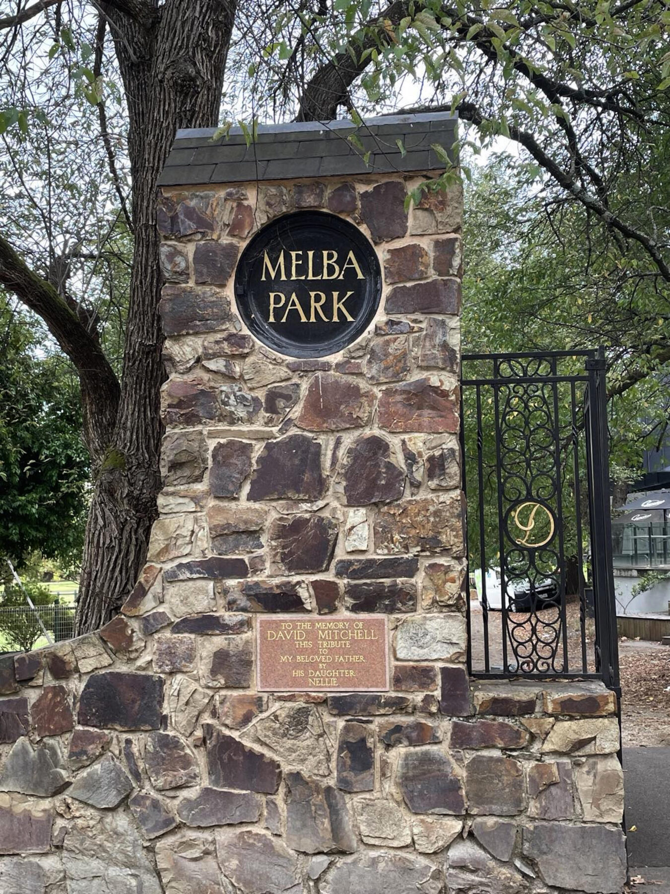 Stone pillars flank the entrance to Melba Park