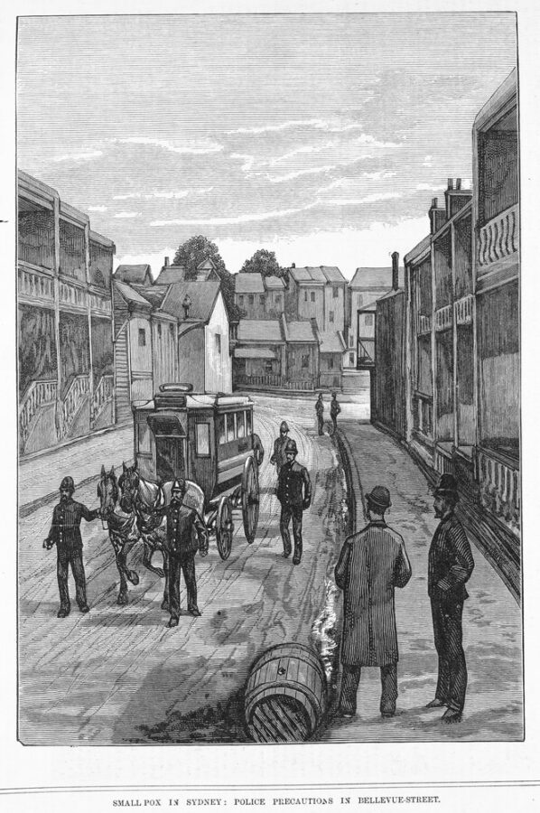 Police stand guard in Bellevue Street, Sydney