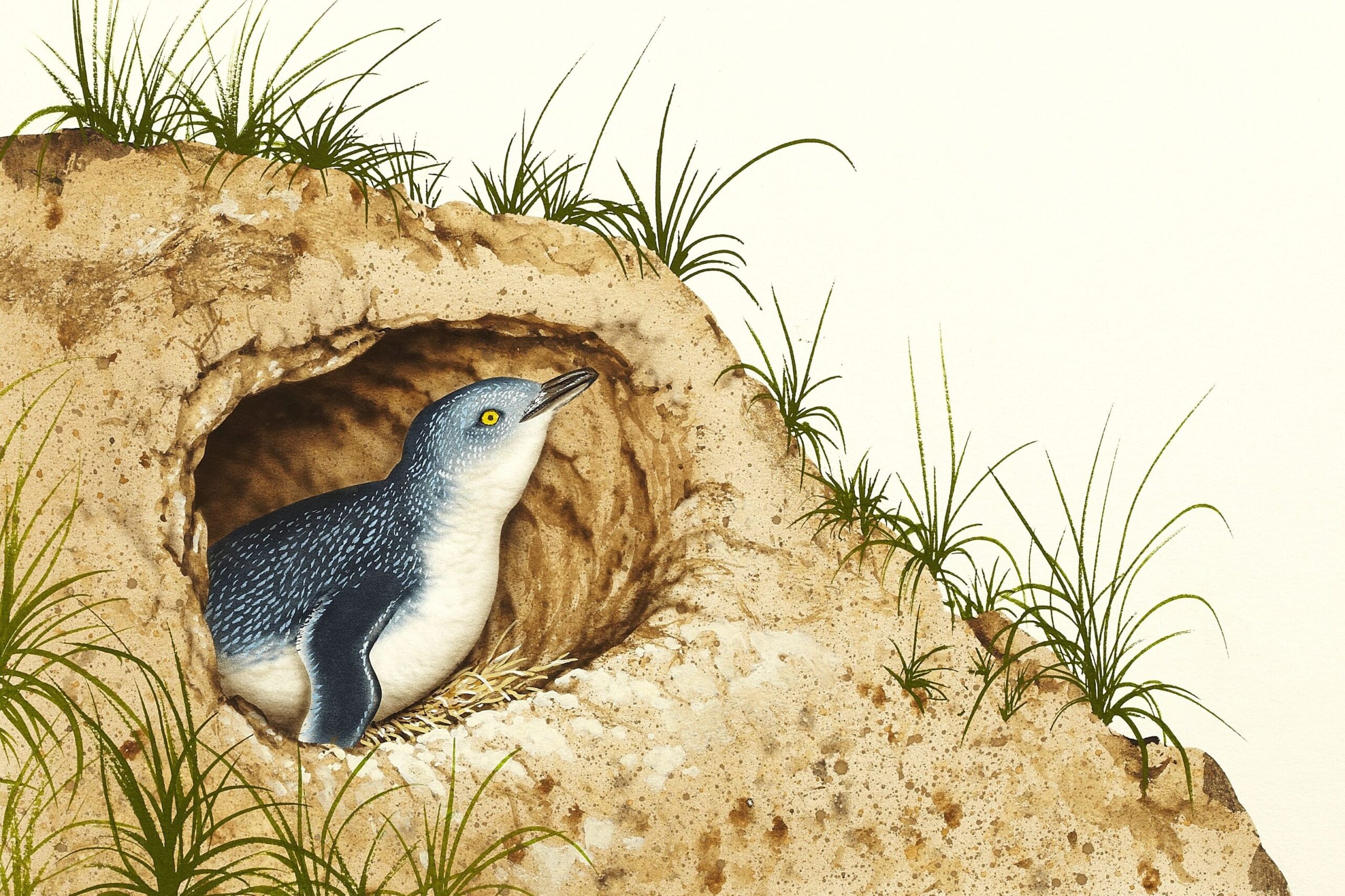 Illustration: Little penguin (Eudyptula minor) and burrow