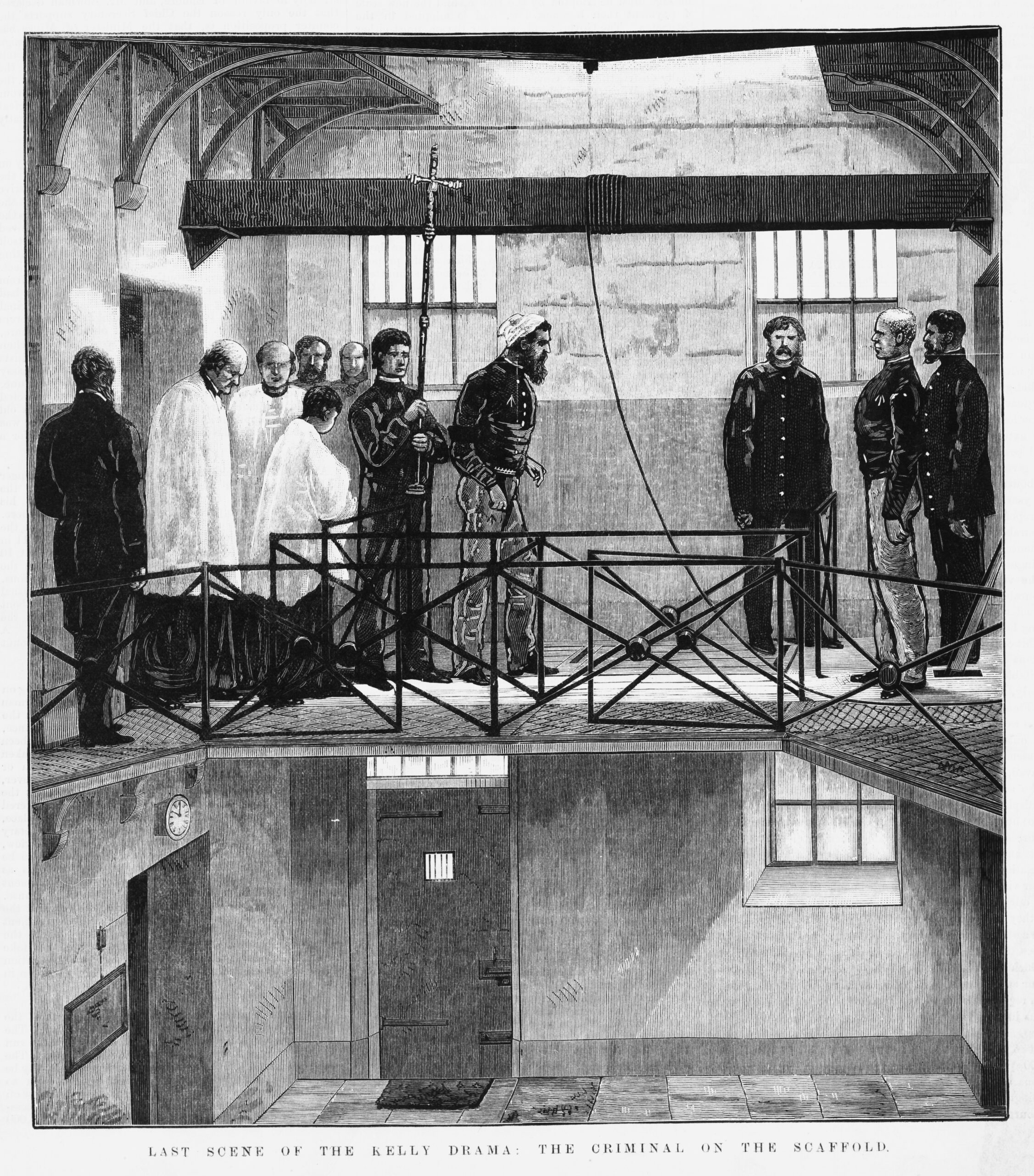 A wood engraving from the early 1950s depicting the moments before Ned Kelly’s execution