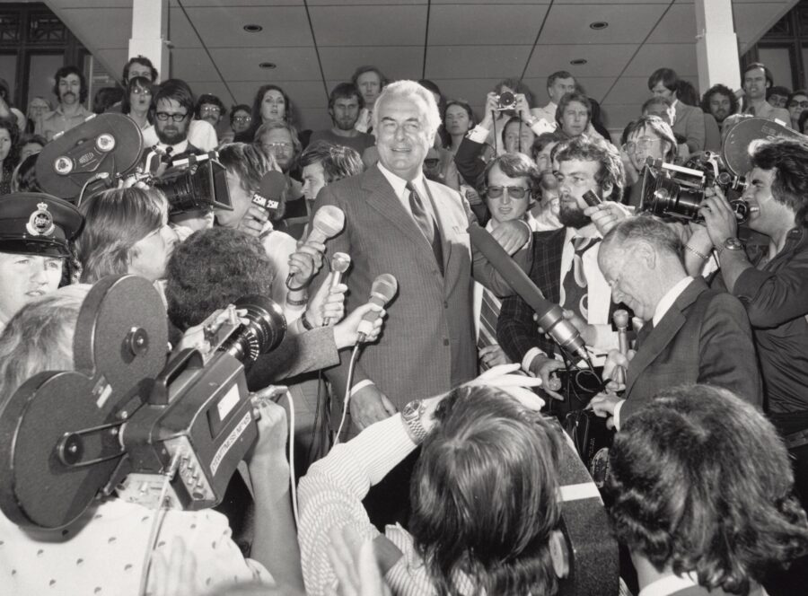 Gough Whitlam speaks to press on the steps of Parliament House in Canberra moments after being dismissed from offic